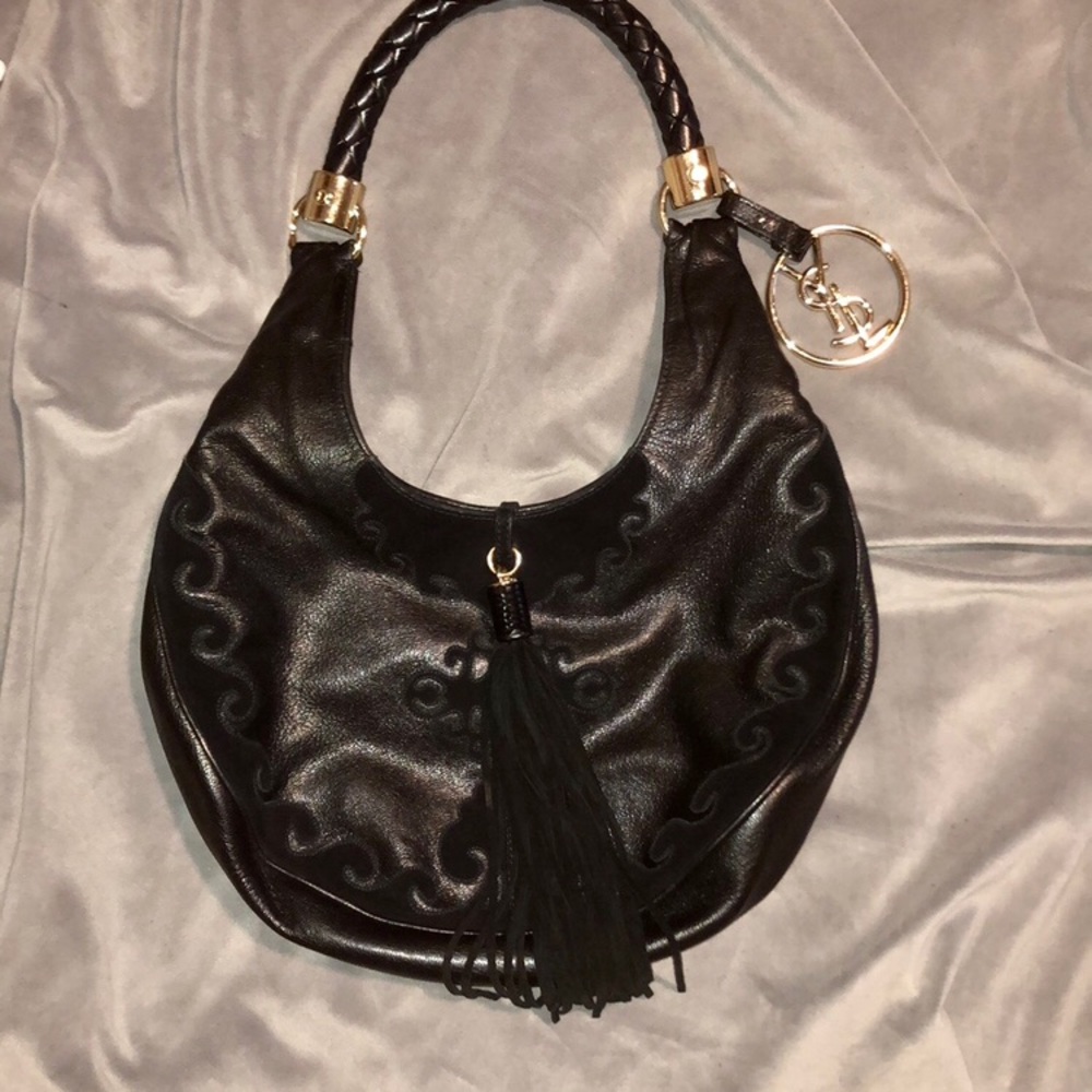 Yves Saint Laurent black leather and suede fringed handbag with gold hardware